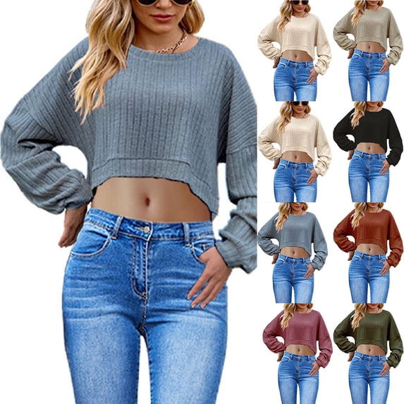 HAPIMO Women's Mock Neck Cropped Sweater Long Sleeve Drop Shouler Oversized Knit Pullover Tops Green L