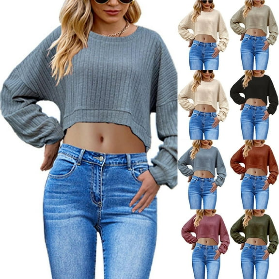 HAPIMO Women's Mock Neck Cropped Sweater Long Sleeve Drop Shouler Oversized Knit Pullover Tops Green L