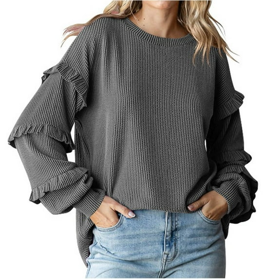 HAPIMO Women's Mockneck Lantern Sleeve Fuzzy Knit Casual Chunky Warm Fall Pullover Sweaters Top Trendy Outfits Ruffle Ribbed Gray S