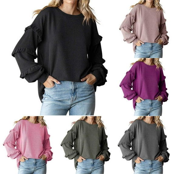 HAPIMO Women's Mockneck Lantern Sleeve Fuzzy Knit Casual Chunky Warm Fall Pullover Sweaters Top Trendy Outfits Ruffle Ribbed Green L