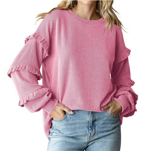 HAPIMO Women's Mockneck Lantern Sleeve Fuzzy Knit Casual Chunky Warm Fall Pullover Sweaters Top Trendy Outfits Ruffle Ribbed Pink M