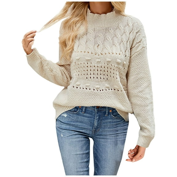 HAPIMO Women's Mockneck Long Sleeve Fuzzy Knit Casual Chunky Warm Fall Pullover Sweaters Top Trendy Outfits Hollow Out Cotton Beige S