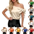 thumbnail image 1 of HAPIMO Women's Off Shoulder Silk Tops Casual Short Sleeve Asymmetrical Neck Satin Blouse Elegant Casual Work Office Party Shirt Blue XXL, 1 of 7