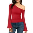 thumbnail image 1 of HAPIMO Women's Off Shoulder Tops Bell Sleeve Shirts Dressy Long Sleeve Asymmetrical Slim Fit Blouses Lightweight Going Out Tops Ruched Shirts Red S, 1 of 9