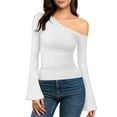 thumbnail image 1 of HAPIMO Women's Off Shoulder Tops Bell Sleeve Shirts Dressy Long Sleeve Asymmetrical Slim Fit Blouses Lightweight Going Out Tops Ruched Shirts White L, 1 of 9