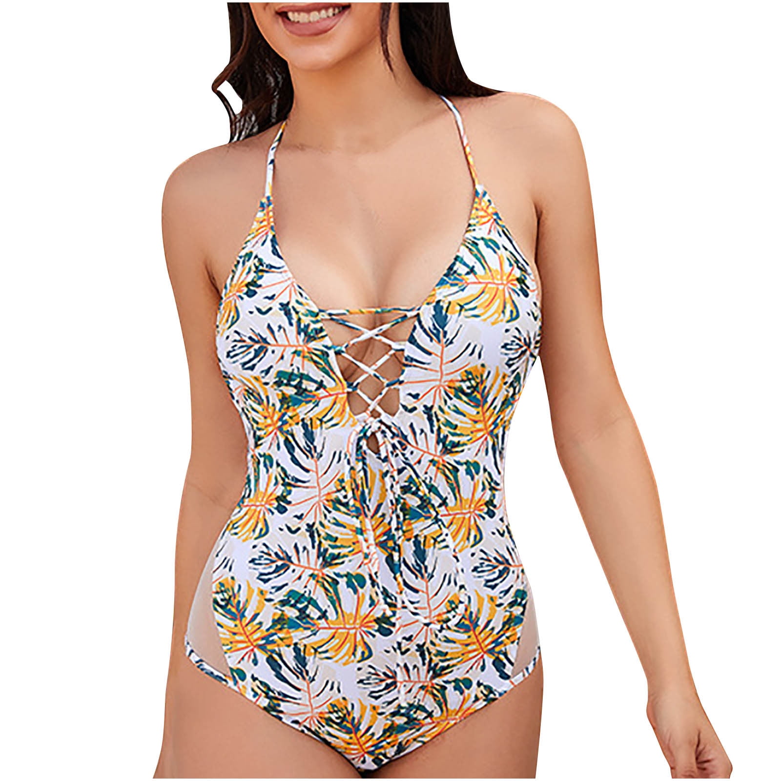 Hapimo Womens One Piece Monokini Lacing Floral Boho Summer Beach Sleeveless Bodysuits Hide 6901