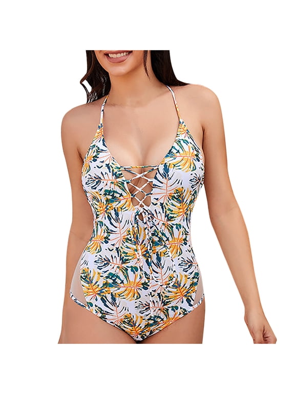 Women's One-Piece Monokini Lacing Floral Boho Summer Beach Sleeveless Bodysuits Hide Belly High Cut Backless Tropical Hawaii Swimsuit Trendy Bikini White XL