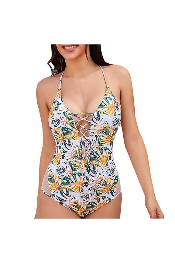Women's One-Piece Monokini Lacing Floral Boho Summer Beach Sleeveless Bodysuits Hide Belly High Cut Backless Tropical Hawaii Swimsuit Trendy Bikini White XL