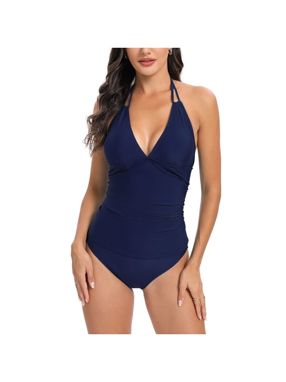 Women's One-Piece Monokini Ruched Soild Color Sleeveless Hide Belly High Cut Tropical Hawaii Swimsuit Trendy Bikini Summer Beach Navy XXL