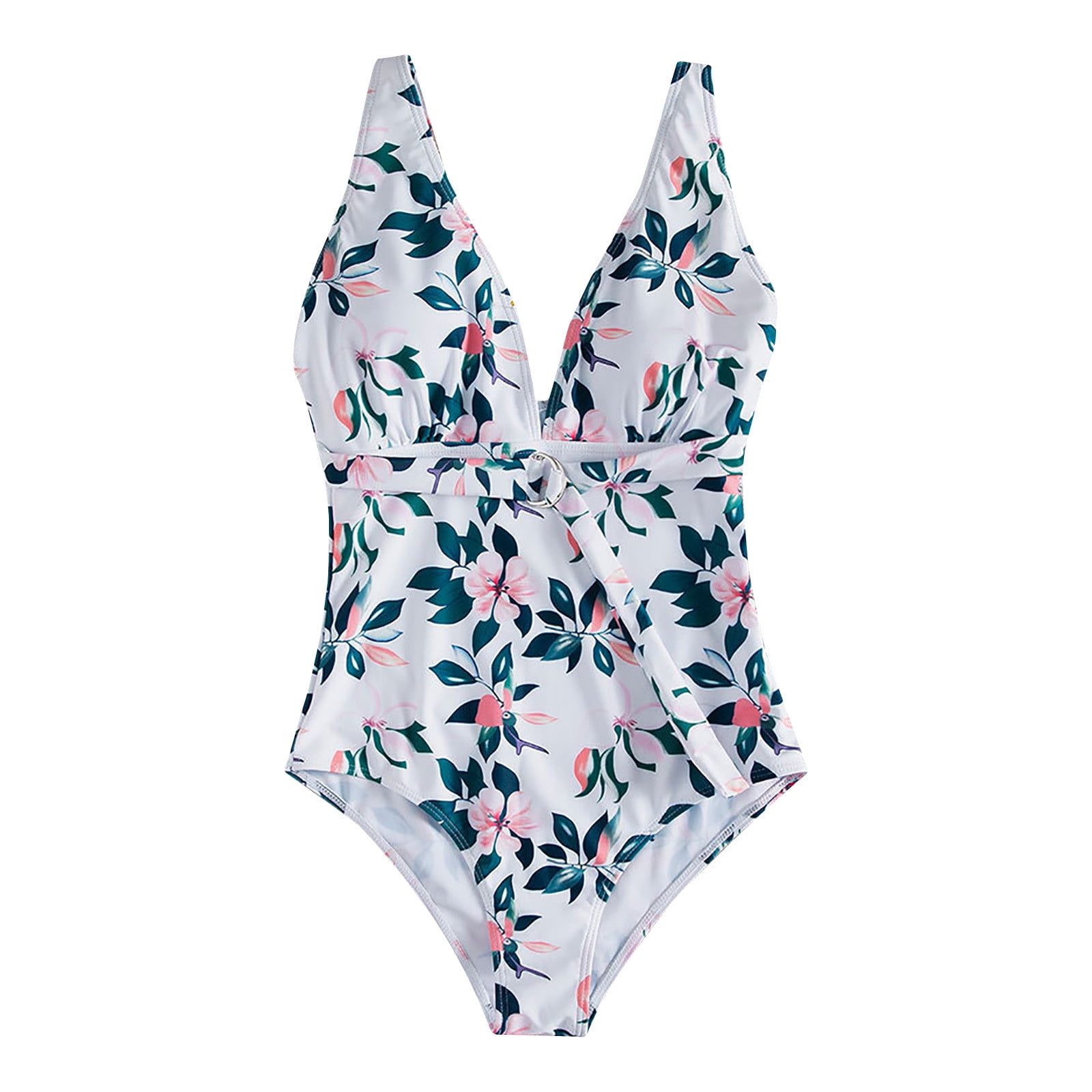 HAPIMO Women's One Piece Swimsuit Boho Flower Print Beachwear Strappy Tight Bathing Suit Deep V