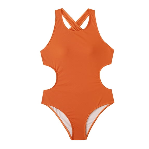 HAPIMO Women's One Piece Swimsuit Solid Color Beachwear Halter Bathing Suit Summer Seaside Clothes for Girls Cross Backless Swimwear Sets Sales Orange S