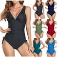 thumbnail image 1 of HAPIMO Women's One-Piece Swimsuit Solid Color Beachwear Ruched Ruffle Bathing Suit Summer Seaside Clothes for Girls V-Neck Swimwear Sets Army Green XL, 1 of 5