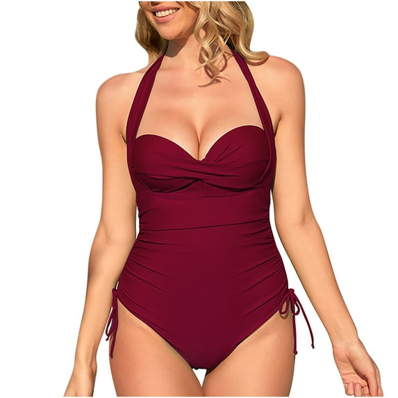 HAPIMO Women's One-Piece Swimsuit Solid Color Beachwear Ruched Ruffle Bathing Suit Summer Seaside Clothes for Girls V-Neck Swimwear Sets Wine XL