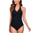 thumbnail image 1 of HAPIMO Women's One Piece Swimsuit Solid/Flag/Flower Print Beachwear Twist Ruced Front Swimwear Sets Summer Seaside Clothes for Girls Halter Neck Bathing Suit Discount Black XL, 1 of 6