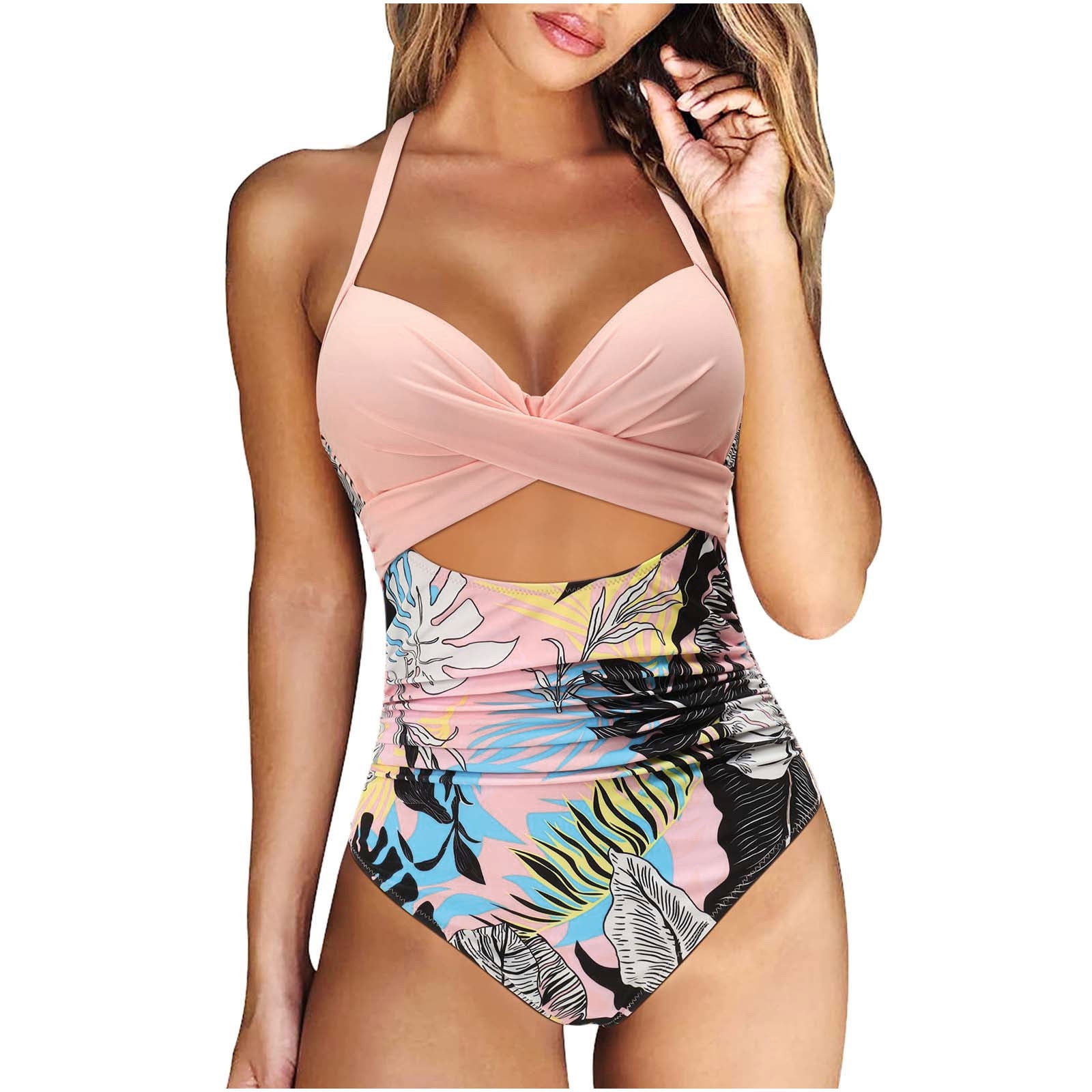 HAPIMO Women's One-Piece Swimsuit Summer Seaside Clothes for Girls Print  Beachwear Triangle Jumpsuit Swimwear Sets Ruched Front Halter Bathing Suit