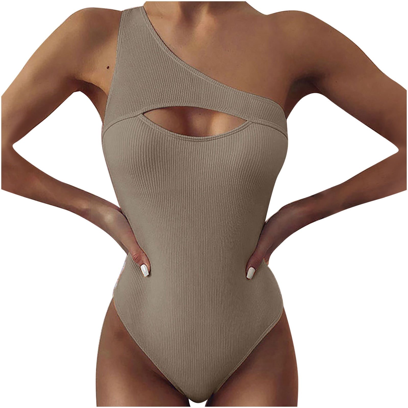 HAPIMO Women's One Piece Swimsuit Summer Seaside Clothes for Girls Ribbed  Hollow Out Swimwear Sets Solid Color Beachwear Asymmetrical Strappy Bathing  Suit Rollbacks Khaki M 