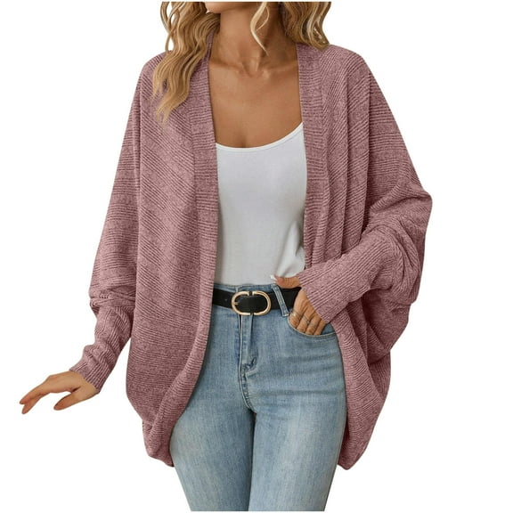 HAPIMO Women's Open Front Fall Loose Knitted Jackets Fashion Solid Color Coat Batwing Sleeve Outwear Winter Outfits Casual Sweaters Cardigans Pink M