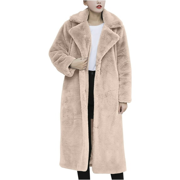 HAPIMO Women's Overcoats Turn Down Collar Open Front Winter Midi Peacoat Trench Coats Casual Soft Fleece Warm Wedding Long Sleeve Belted Outwear Pockets Fashion Beige M