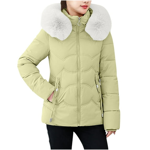 HAPIMO Women's Oversize Long Hooded Coats Fall Winter Trendy Warm Jacket Coat Long Sleeve Full Zip Solid Pocket Quilted Coats with Faux Fur Trim Hood Yellow XXL