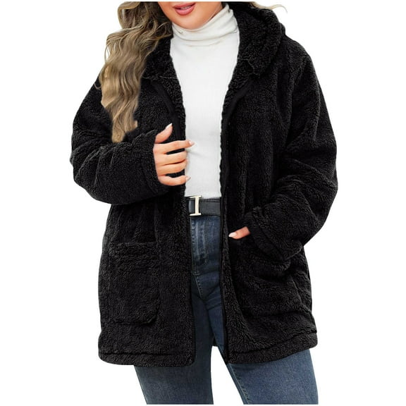 HAPIMO Women's Oversize Plus Size Coats Casual Long Sleeve Zip Up Hooded Coats Solid Pocket Sherpa Outerwear Fall Winter Soft Comfy Warm Coat Black XL