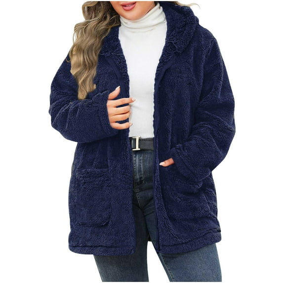 HAPIMO Women's Oversize Plus Size Coats Casual Long Sleeve Zip Up Hooded Coats Solid Pocket Sherpa Outerwear Fall Winter Soft Comfy Warm Coat Blue XXXL