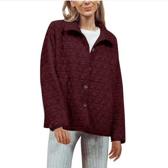 HAPIMO Women's Oversize Quilted Coats Casual Long Sleeve Lapel Collar Button Down Solid Jacket Fall Winter Comfy Warm Outerwear Wine XL