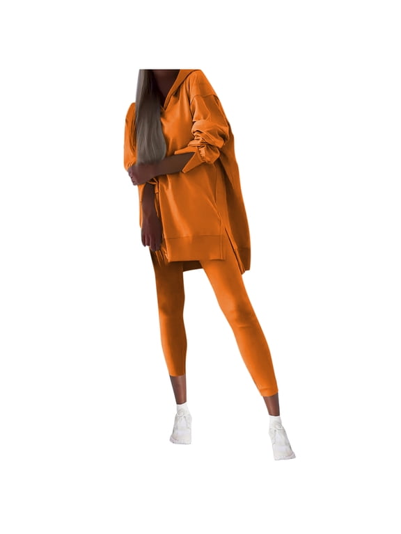 Women's Oversized 2 Piece Set Long Sleeve Split Side Tops Casual Hooded Sweatshirts Slim Fit Jogger Pants Loungewear Sets Orange XXXXL