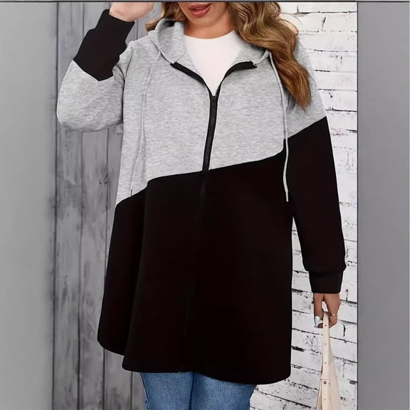 HAPIMO Women's Oversized Hoodies Long Sleeve Hooded Sweatshirts Casual Comfy Hoodie Jacket Color Block Zip Up Jacket Winter Clothes Gray XXXXL