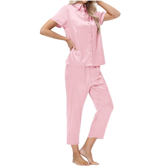 HAPIMO Women's Pajama 2 Piece Outfits Loungewear Sets Short Sleeve Button Down Tops Casual Lapel Shirts and Pajama Pant Pink S