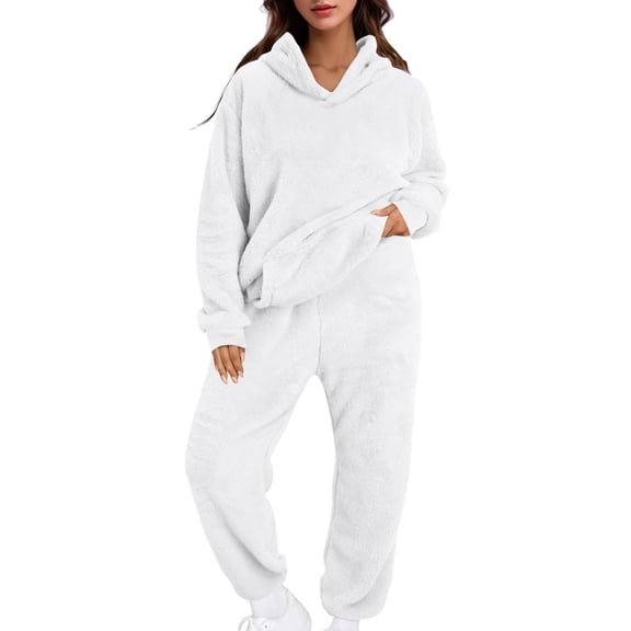 HAPIMO Women's Pajama 2 Piece Set Casual Long Sleeve Hooded Sweatshirt Fuzzy Fleece Warm Pullover Top with Elastic Waist Sweatpants White XXL