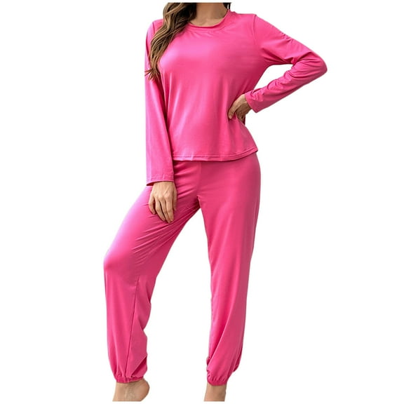 HAPIMO Women's Pajama Set Solid Long Sleeve Crewneck Pullover Sleepwear Top with Drawstring Jogger Long Pant Lounge Pajama Set Hot Pink S