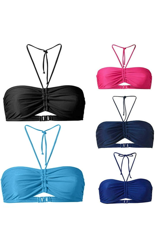 Women's Plus Size Bikini Bandeau Top Sale Elegant Bikini Halter Neck Holiday Hawaiian Tropical Solid Summer Beach Drawstring Sleeveless Black L