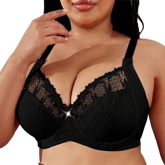 HAPIMO Women's Plus Size Bras Floral Lace Bra Comfy Daily Casual Workout Bra Solid Full Coverage No Underwire Breathable Bras Black S