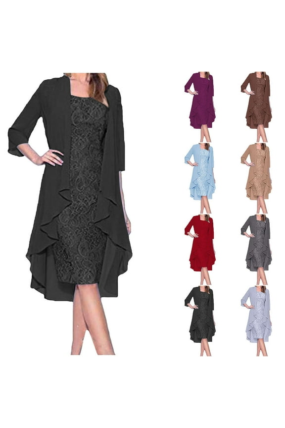 Women's Plus Size Chiffon Dress Sets Floral Lace Splicing Elegant Casual Playwear Long Sleeve Spring Scoop Neck Trendy Girls Black L