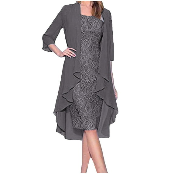 HAPIMO Women's Plus Size Chiffon Dress Sets Floral Lace Splicing Elegant Casual Playwear Long Sleeve Spring Scoop Neck Trendy Girls Gray XXL