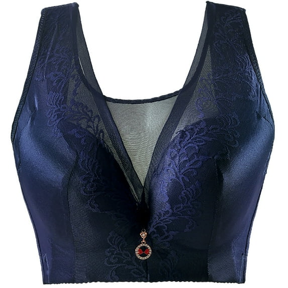 HAPIMO Women's Plus Size Everyday Bra Floral Lace Lifting Bra Comfy Underwear Push Up Wireless Brassiere Solid Color Trendy Lady Lingerie Dark Blue L