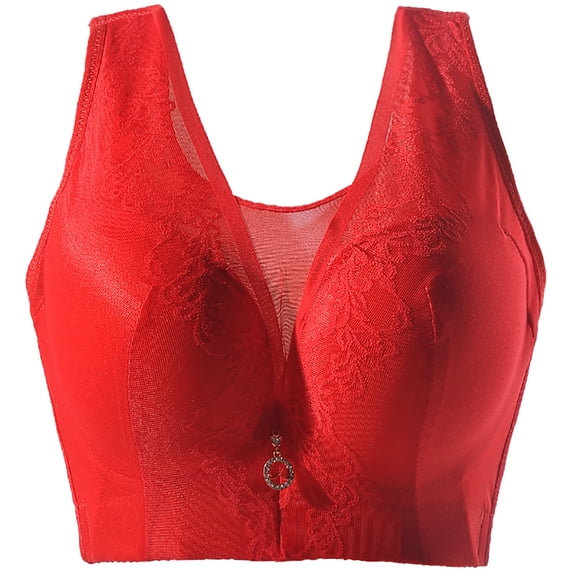 HAPIMO Women's Plus Size Everyday Bra Floral Lace Lifting Bra Comfy Underwear Push Up Wireless Brassiere Solid Color Trendy Lady Lingerie Red L