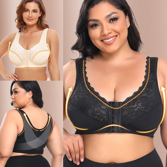 HAPIMO Women's Plus Size Everyday Bra Lace Lifting Bra Comfy Underwear Push Up Wireless Front Open Bra Brassiere Clearance Solid Color Trendy Lady Lingerie Beige L