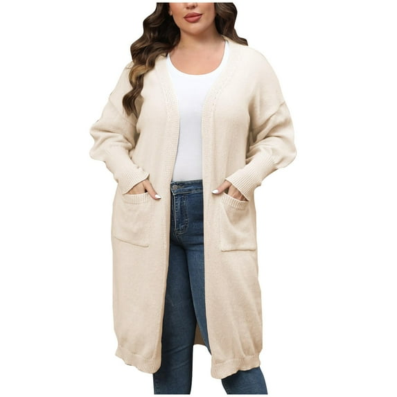 HAPIMO Women's Plus Size Jackets Fashion Solid Color Midi Coat Long Sleeve Outwear Pockets Open Front Cardigans Fall Winter Outfits Casual Sweaters Cotton Lined Beige XL