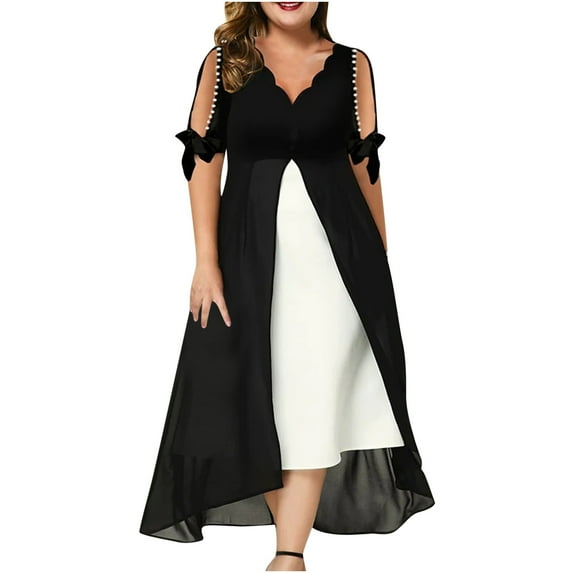 HAPIMO Women's Plus Size Midi A Line Dress Solid Patchwork Tops Cold Shoulder Sleeve Clothing V Neck Drawstring Leisure Comfy Summer Dresses for Female Black XXL s