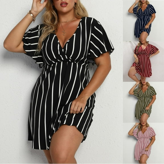 HAPIMO Women's Plus Size Mini Loose Dress Stripe Print Retro Boho Sale Short Sleeve Empire Waist Elegant Holiday Summer Beach V Neck Sundress for Girls Navy L