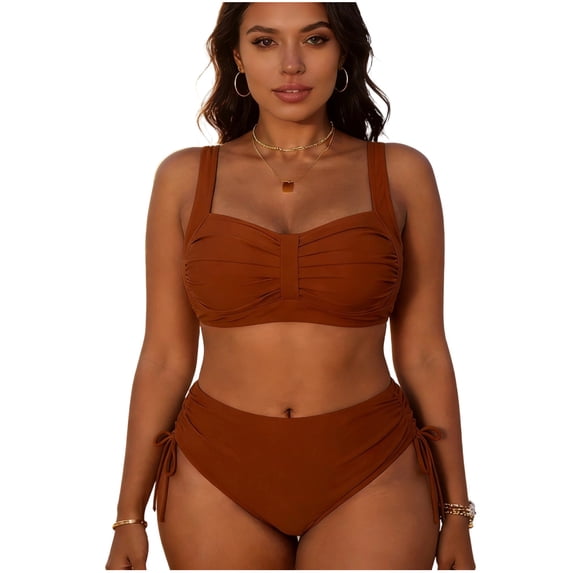 HAPIMO Women's Plus Size Ruched Tankini Set Push Up Wide Strap Top with Tie Side High Waisted Bottoms Modest Two Piece Bathing Suits for Beach Pool Vacation Brown XXL