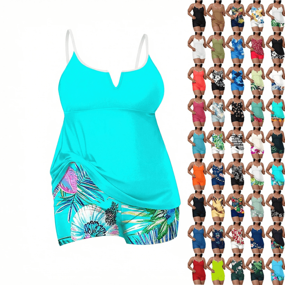 HAPIMO Women's Plus Size Tankini Sets Tummy Control Two Piece Bathing Suits Strap Swim with Boy Shorts Modest Summer Tropical Vacations Swimwear with Chest Pad Black XXXXL
