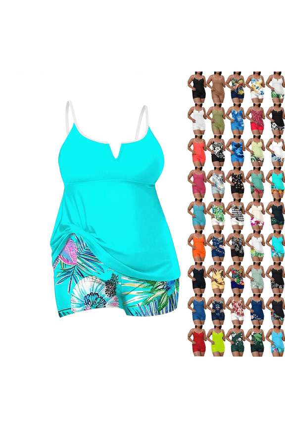 Women's Plus Size Tankini Sets Tummy Control Two Piece Bathing Suits Strap Swim with Boy Shorts Modest Summer Tropical Vacations Swimwear with Chest Pad Black XXXXL