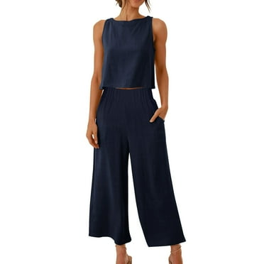 HAPIMO Women's Plus Size Two Piece Sets with Tops and Cropped Wide Leg Pants Summer Sleeveless Crew Neck Solid Cotton Linen Comfy Trousers for Girls Workout Loose Blue S
