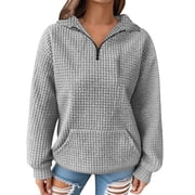 HAPIMO Women's Quarter Zip Sweatshirts Loose Long Sleeve Lapel Collar Waffle textured Pullover Tops Casual Solid Kangaroo Packet Blouses Gray XXL