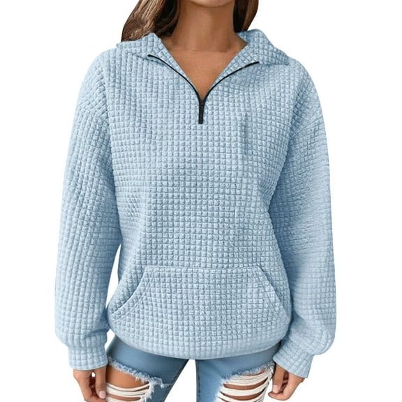 HAPIMO Women's Quarter Zip Sweatshirts Loose Long Sleeve Lapel Collar Waffle textured Pullover Tops Casual Solid Kangaroo Packet Blouses Light Blue L