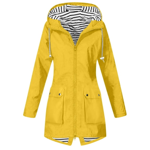 HAPIMO Women's Rain Jacket Lightweight Long Hoodie Raincoat Casual Comfy Waterproof Jacket Outdoor Travel Hiking Windbreaker Solid Zip Up Jacket Coat Yellow L