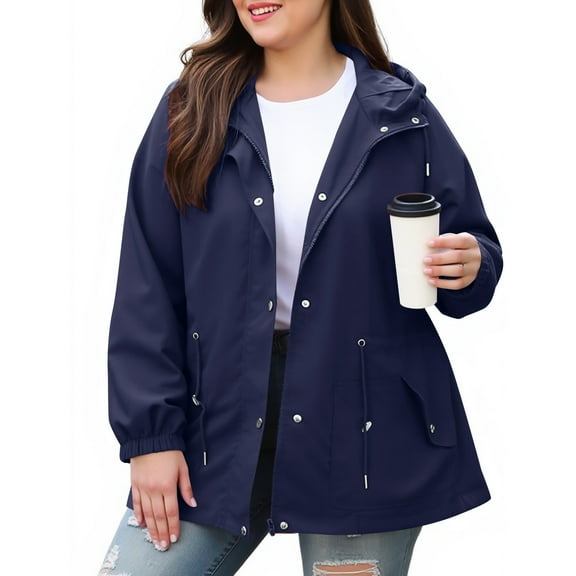 HAPIMO Women's Rain Jacket Outdoor Hiking Workout Windbreaker Casual Comfy Hoodie Jacket Waterproof Raincoat Solid Full Zip Jacket with Belt Dark Blue XL