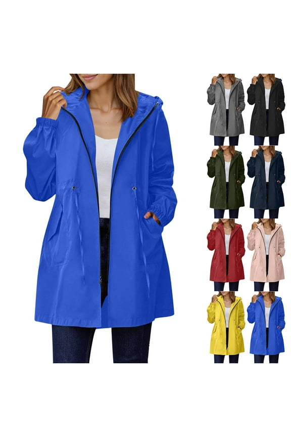 Women's Rain Jacket Oversize Waterproof Long Raincoat Outdoor Windbreaker Hooded Jacket Lightweight Solid Pocket Zip Up Jacket Coat Pink XXL